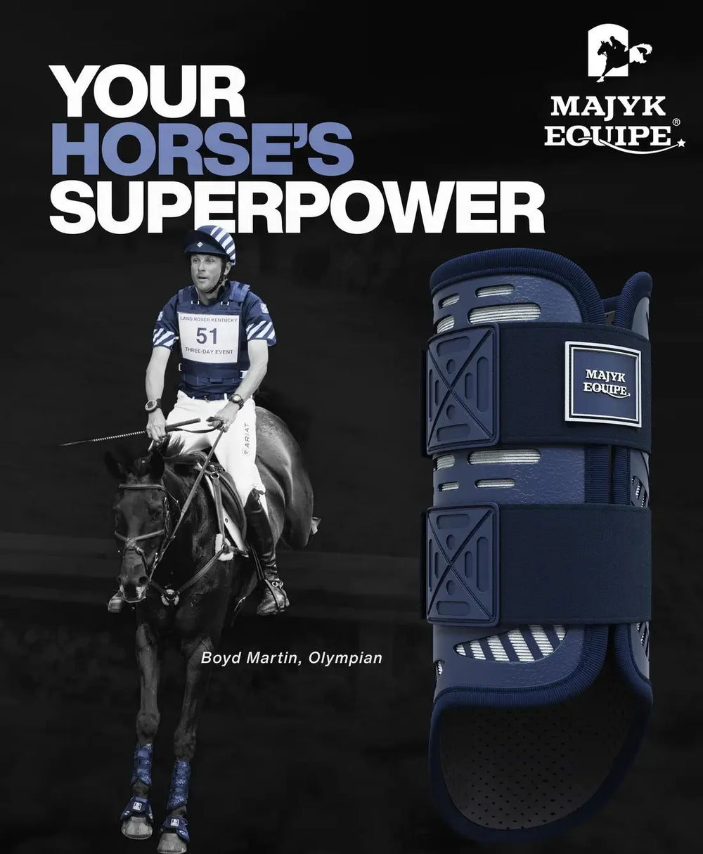 Majyk Equipe Colour Elite XC Boots promotional image featuring a rider and horse, highlighting the boots' performance and durability.