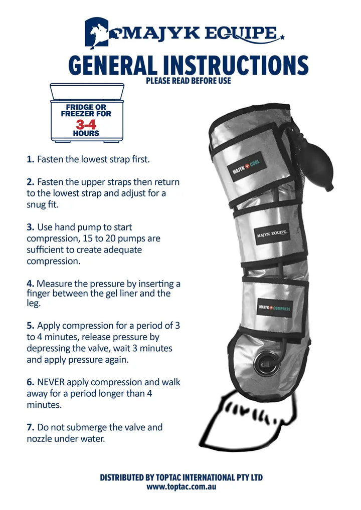 Instruction sheet for Majyk Equipe Cool Compression Gel Ice Boots, detailing steps for proper use and application on horses.