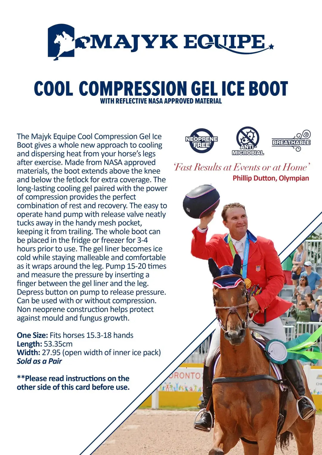 Promotional flyer for Majyk Equipe Cool Compression Gel Ice Boots, highlighting features like reflective material and NASA-approved liner.