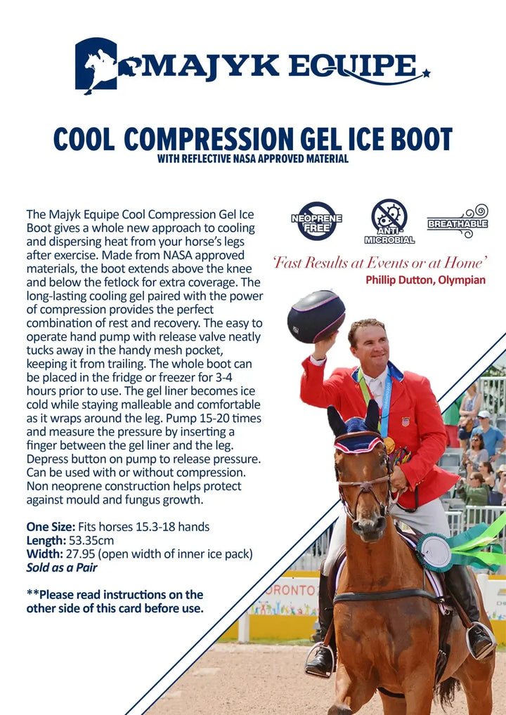 Promotional flyer for Majyk Equipe Cool Compression Gel Ice Boots, highlighting features like reflective material and NASA-approved liner.