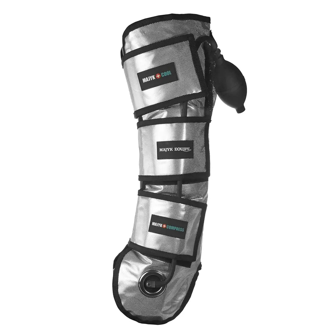 Majyk Equipe Cool Compression Gel Ice Boot for horses with silver reflective material and adjustable straps for leg therapy.