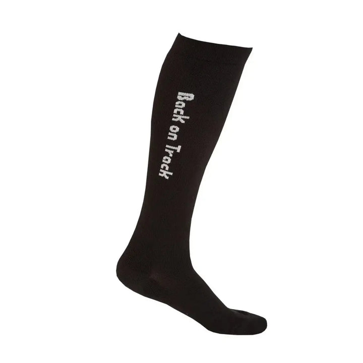 Side view of Noah Riding Socks in black, showcasing 'Back on Track' logo, perfect for riders seeking calf support and circulation boost.