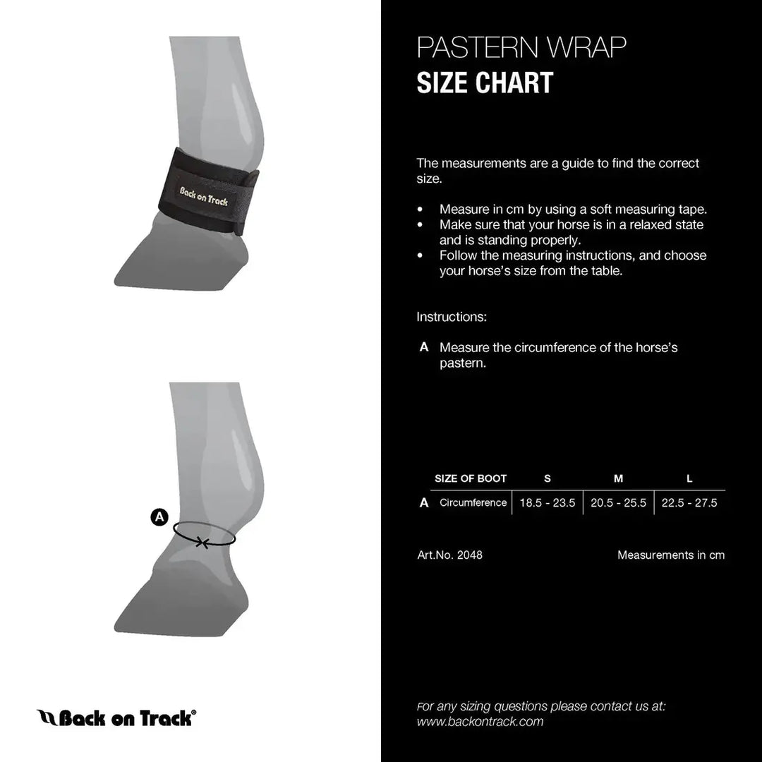 Size chart for Therapeutic Pastern Wraps by Back On Track Australia, showing measurements for small, medium, and large sizes.