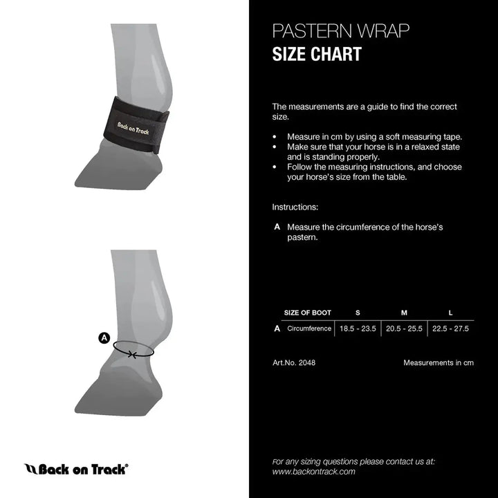 Size chart for Therapeutic Pastern Wraps by Back On Track Australia, showing measurements for small, medium, and large sizes.