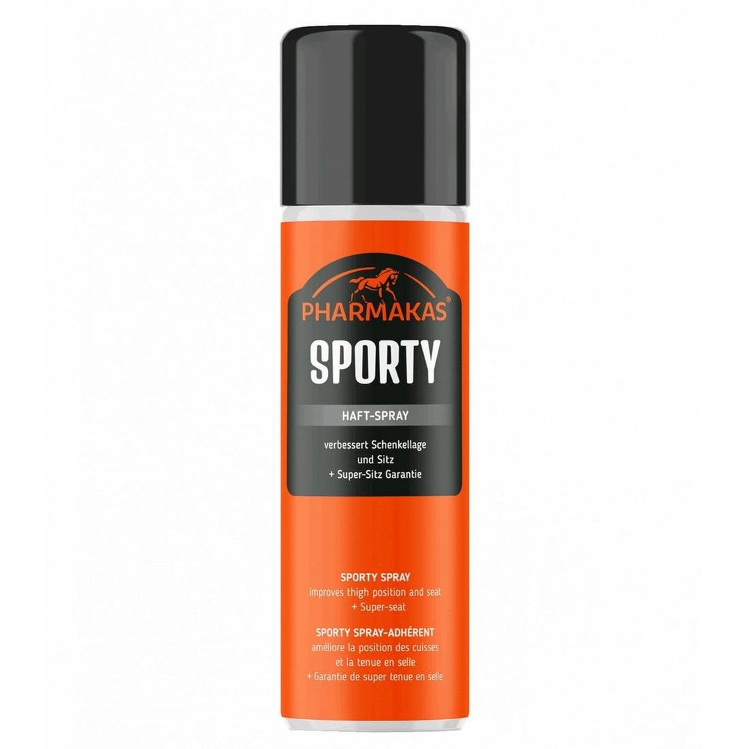 Pharmakas Sporty-Haft Spray in an orange and black bottle, designed to improve seat and leg position for equestrian riders.