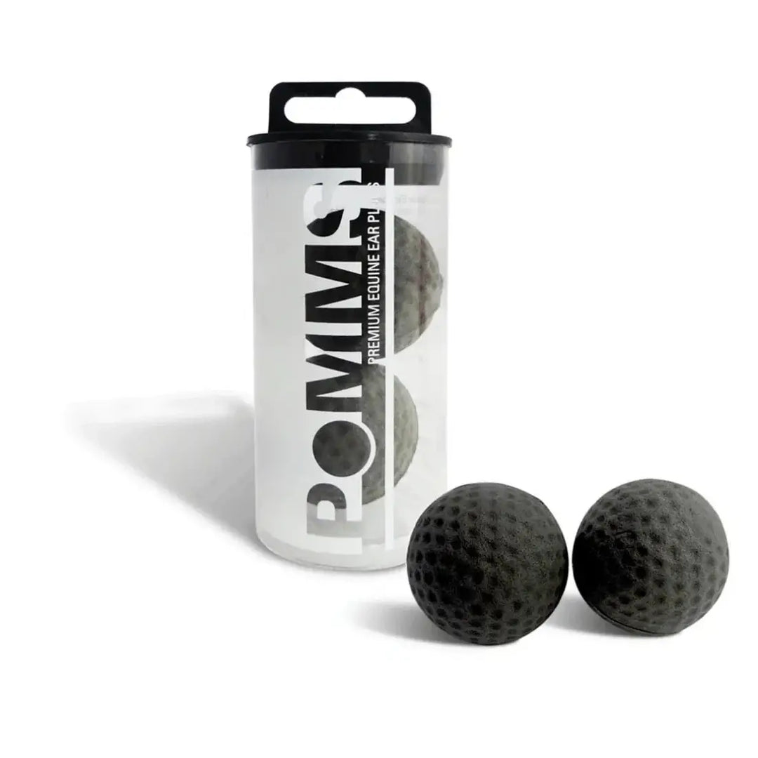 POMMS Horse Ear Plugs in black with textured surface, shown alongside their transparent storage container. Ideal for equine noise reduction and focus.