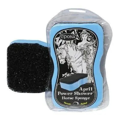 Packaged Power Shower Sponge by Epona with a black Tiger's Tongue scrubber and blue sponge, ideal for horse cleaning and stain removal.