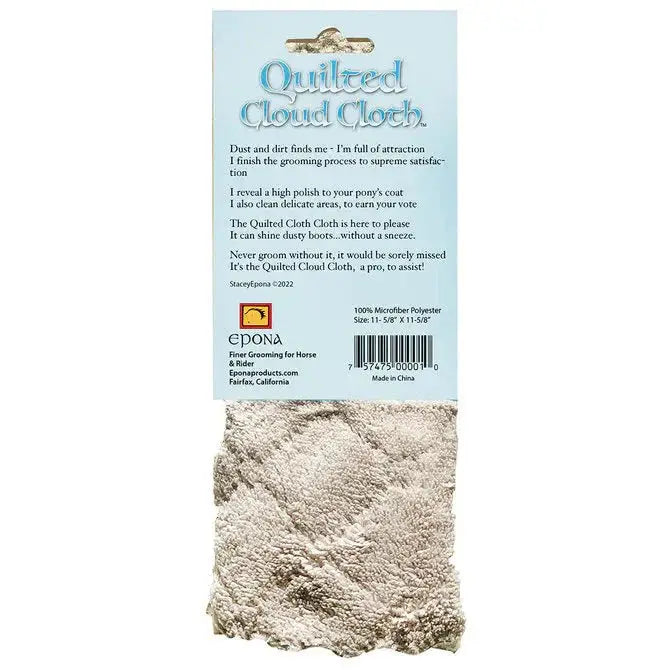 Back view of the Quilted Cloud Cloth packaging, highlighting its reversible textured cloth and benefits for horse grooming and cleaning.