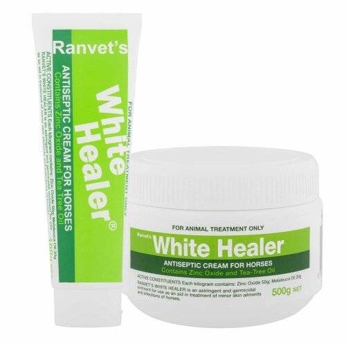 Ranvet White Healer cream tube and jar for horses, featuring anti-bacterial and anti-fungal properties for treating skin wounds and conditions.