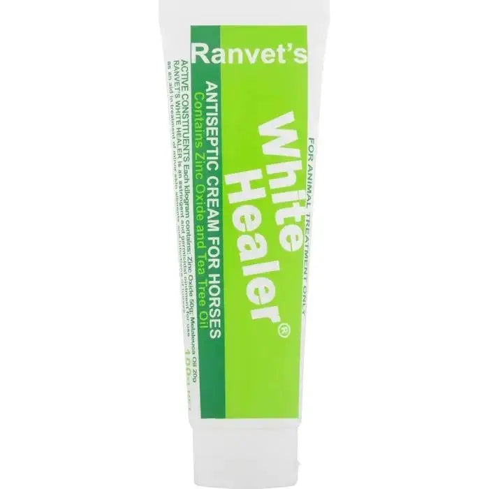 Ranvet White Healer cream tube for horses, designed with anti-bacterial and anti-fungal ingredients to aid in skin wound treatment.