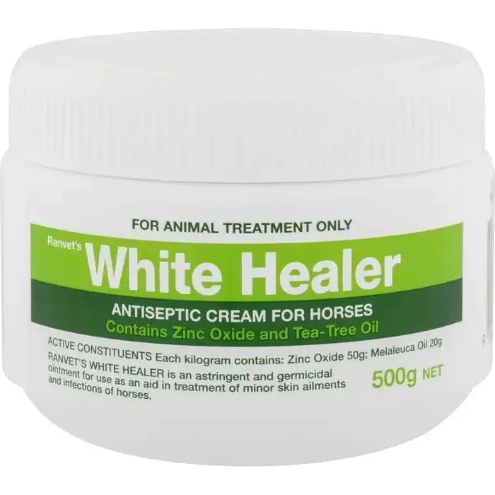 Ranvet White Healer cream jar for horses, offering anti-bacterial and anti-fungal benefits for treating minor skin wounds and infections.