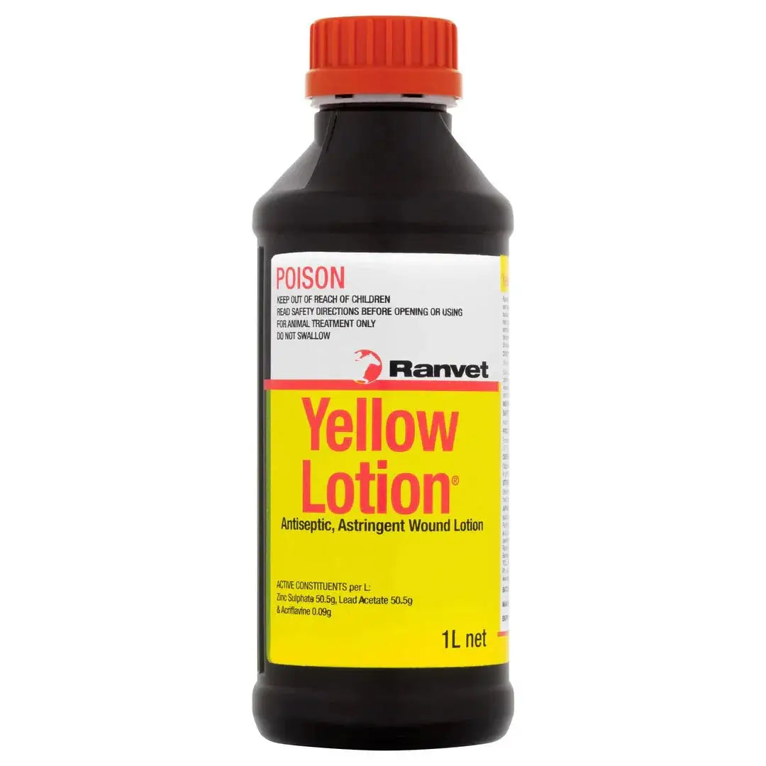 Ranvet Yellow Lotion 1L bottle for horses. Antiseptic and astringent wound lotion for treating burns, sprains, and open wounds.