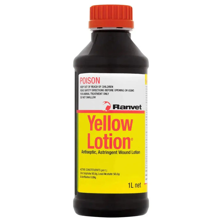 Ranvet Yellow Lotion 1L bottle for horses. Antiseptic and astringent wound lotion for treating burns, sprains, and open wounds.