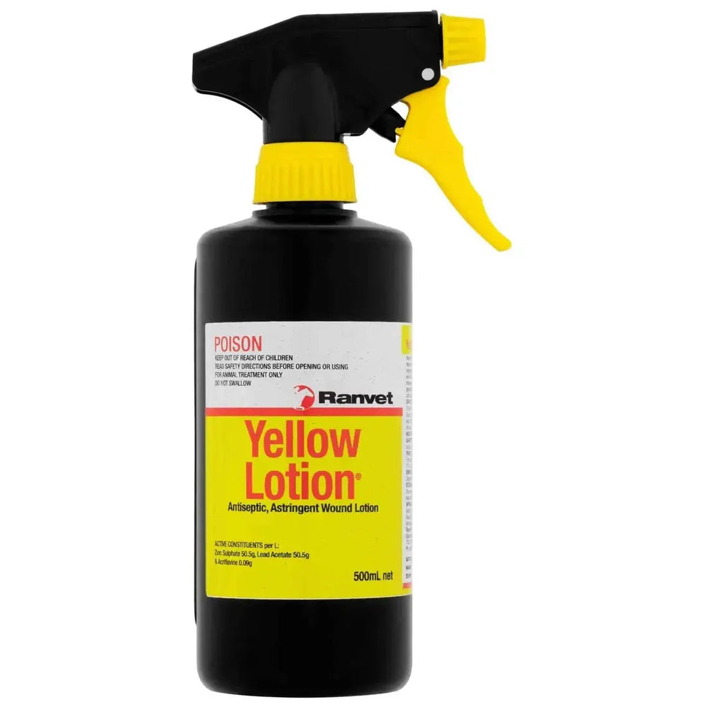 Ranvet Yellow Lotion 500mL spray bottle for horses. Antiseptic and astringent wound lotion for burns, abrasions, and proud flesh.