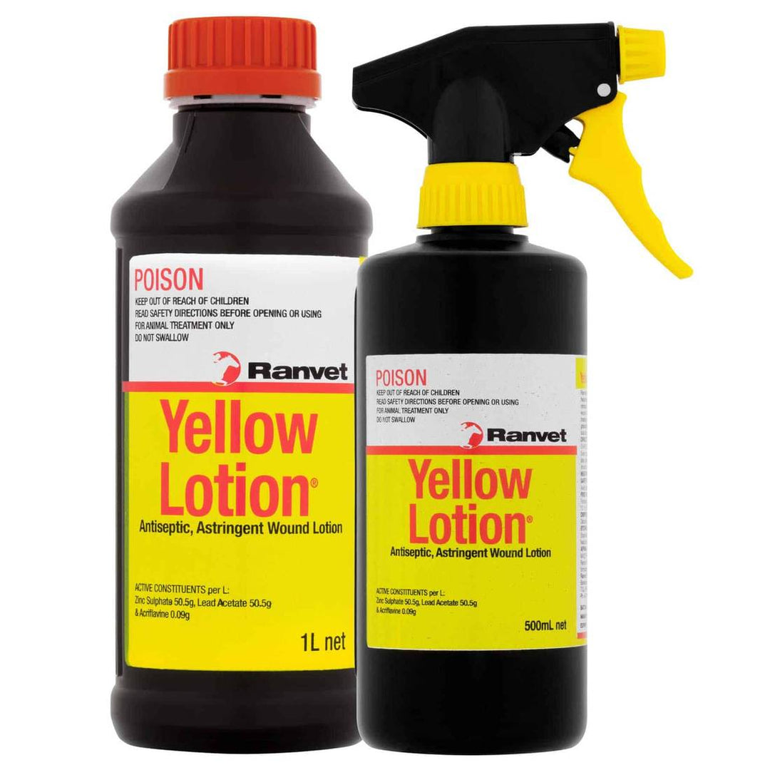 Ranvet Yellow Lotion antiseptic for horses in 1L bottle and 500mL spray bottle. Effective for burns, wounds, and girth galls.