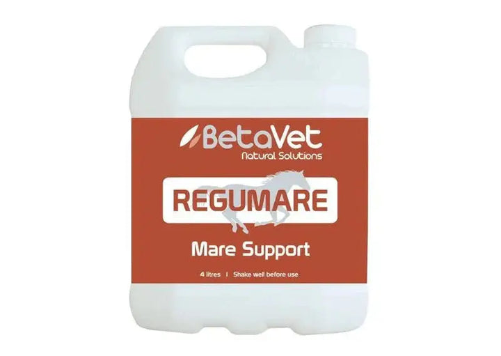 ReguMare Mare Support 4L container by BetaVet, hormone-free supplement for mares, designed for equestrian care and training support.