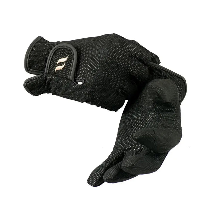 Pair of black therapeutic horse riding gloves with textured grip and ergonomic design for equestrian activities.
