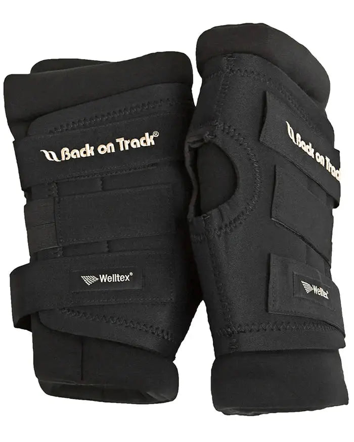 Pair of Back On Track Royal Padded Hock Boots with adjustable straps and Welltex fabric for reducing swelling and managing arthritic hocks.