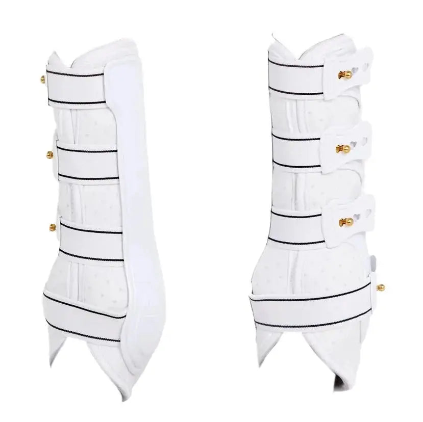 White Royal Dressage Front Boots by Back On Track with sturdy straps and therapeutic design for equestrian use.