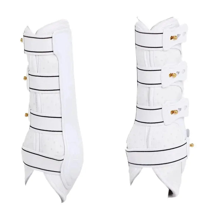 White Royal Dressage Front Boots by Back On Track with sturdy straps and therapeutic design for equestrian use.