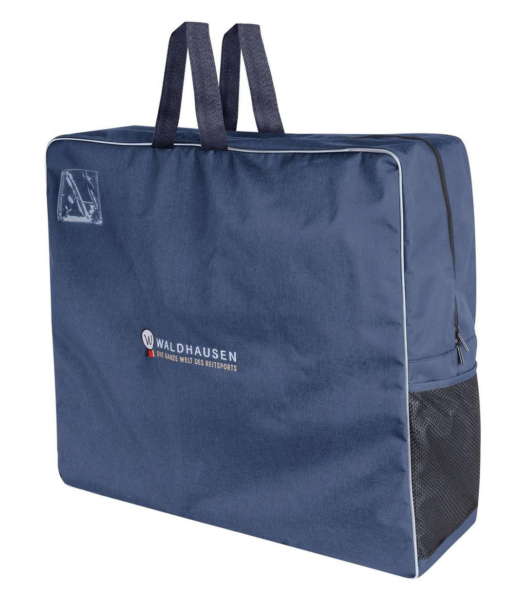 Waldhausen Saddle Pad Bag in navy blue with durable handles and mesh side pocket, designed to store up to 5 saddle pads neatly and securely.