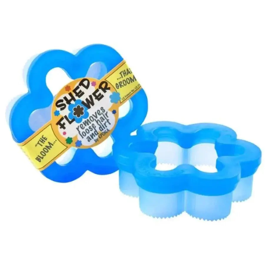 Shed Flower horse grooming shedding tool in blue flower-shaped design, ideal for removing loose hair, dirt, and mud.