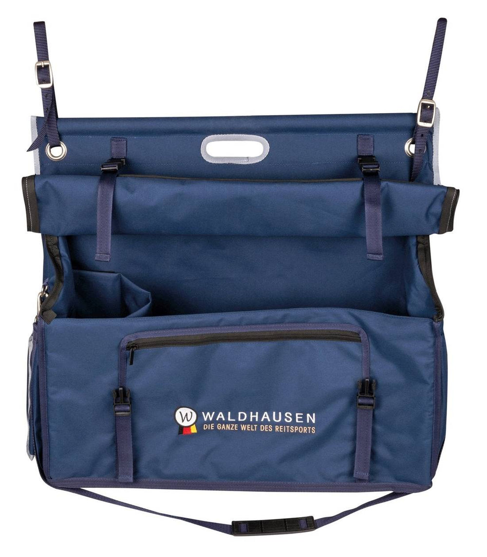 Open Waldhausen Stable Organiser Bag showcasing spacious compartments for storing boots, bandages, grooming kits, and other equestrian accessories.