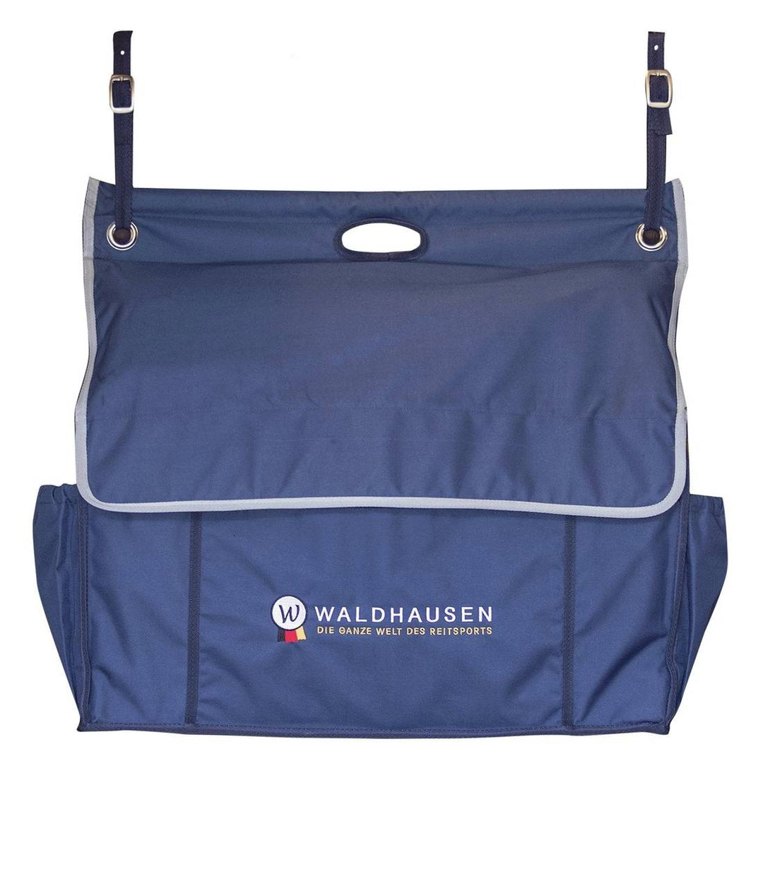 Waldhausen Stable Organiser Bag in blue with a flap cover, hanging straps, and multiple compartments for stable tack organisation.