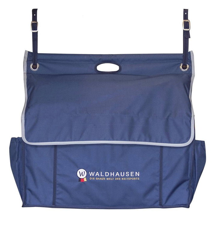 Waldhausen Stable Organiser Bag in blue with a flap cover, hanging straps, and multiple compartments for stable tack organisation.