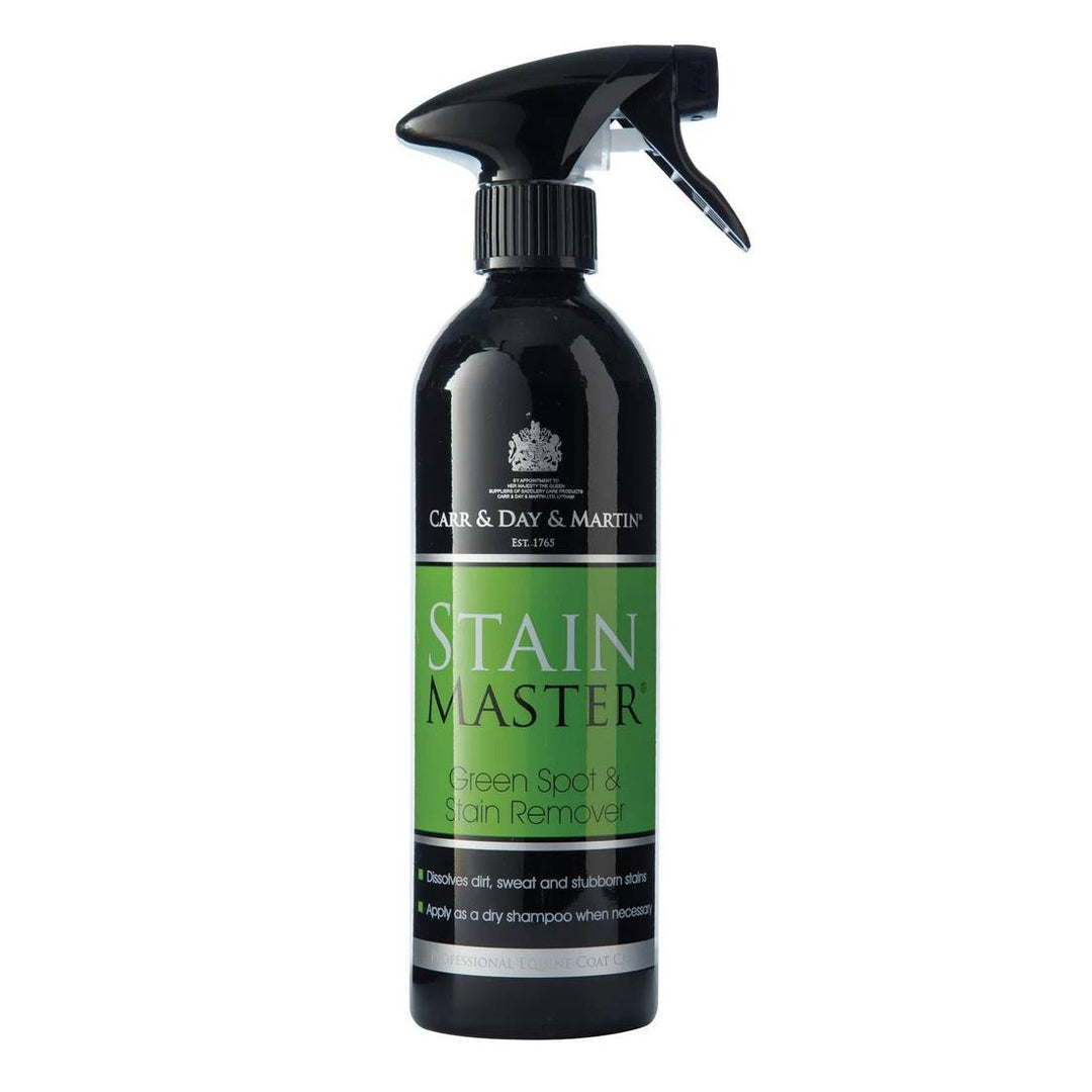 Stain Master horse stain remover spray bottle with green label, ideal for cleaning horse coats, manes, and tails.