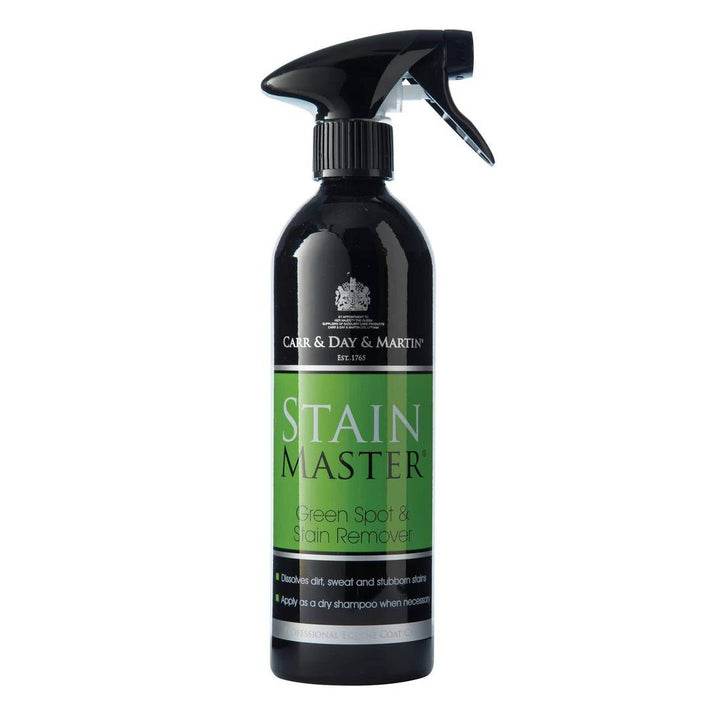 Stain Master horse stain remover spray bottle with green label, ideal for cleaning horse coats, manes, and tails.