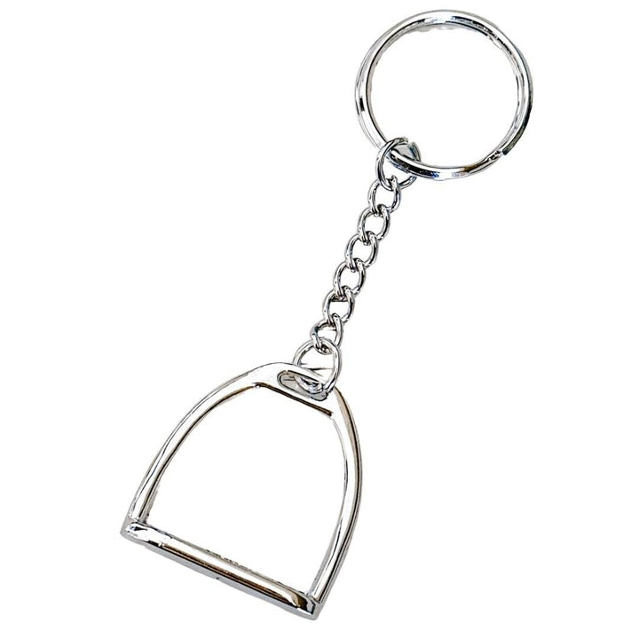 Silver stirrup keychain with a sleek equestrian design, featuring a stirrup-shaped charm attached to a chain and keyring.