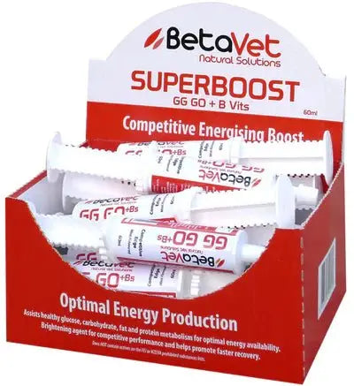 Box of Superboost energy paste syringes for horses, featuring Vitamin B complex to boost energy and support equine performance.
