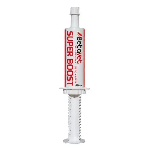 Superboost equine energy paste syringe with Vitamin B complex for horses, designed to combat deficiency and enhance recovery.