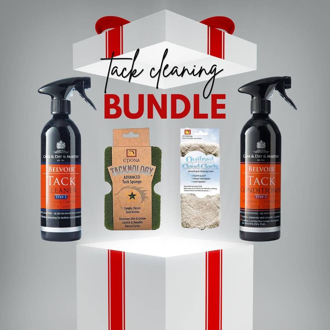 Tack Cleaning Bundle featuring leather cleaner, conditioner, sponge, and cloth for horse tack maintenance. Save with this complete equestrian care kit.