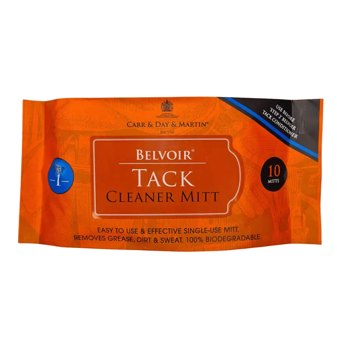 Belvoir Tack Cleaning Mitt packaging with orange design, featuring product details and biodegradable label for equestrian leather care.