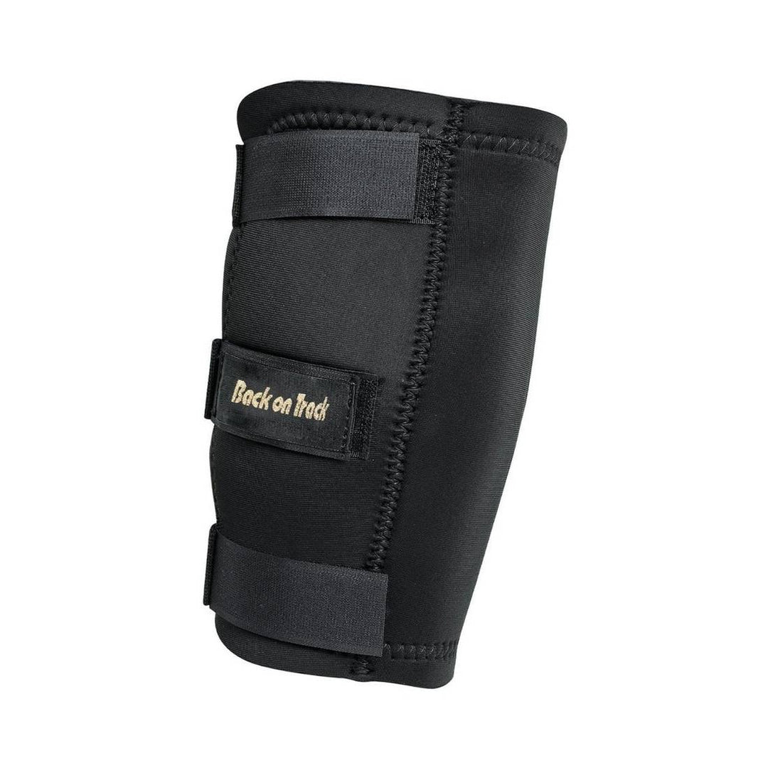 Black therapeutic horse knee boot by Back On Track Australia with reinforced stitching and secure Velcro straps for injury prevention or recovery.