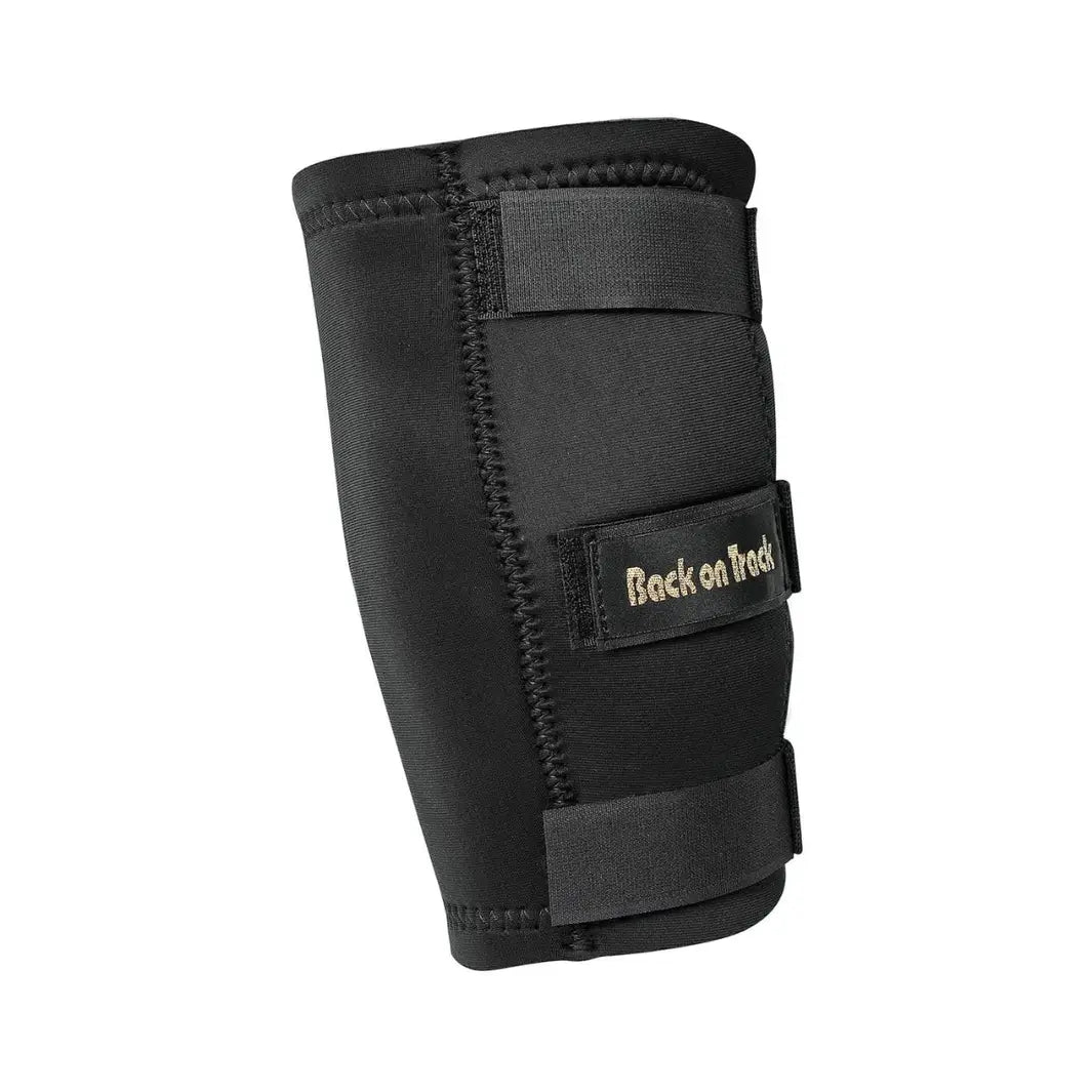 Therapeutic horse knee boot by Back On Track Australia in black, featuring adjustable straps and Welltex® material for improved circulation.