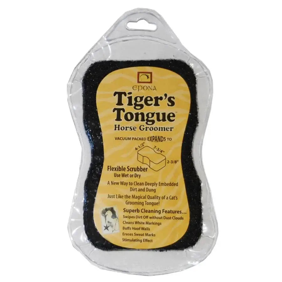 Tiger's Tongue Horse Groomer in packaging, showcasing its flexible scrubber design for cleaning dirt and dander from horses.