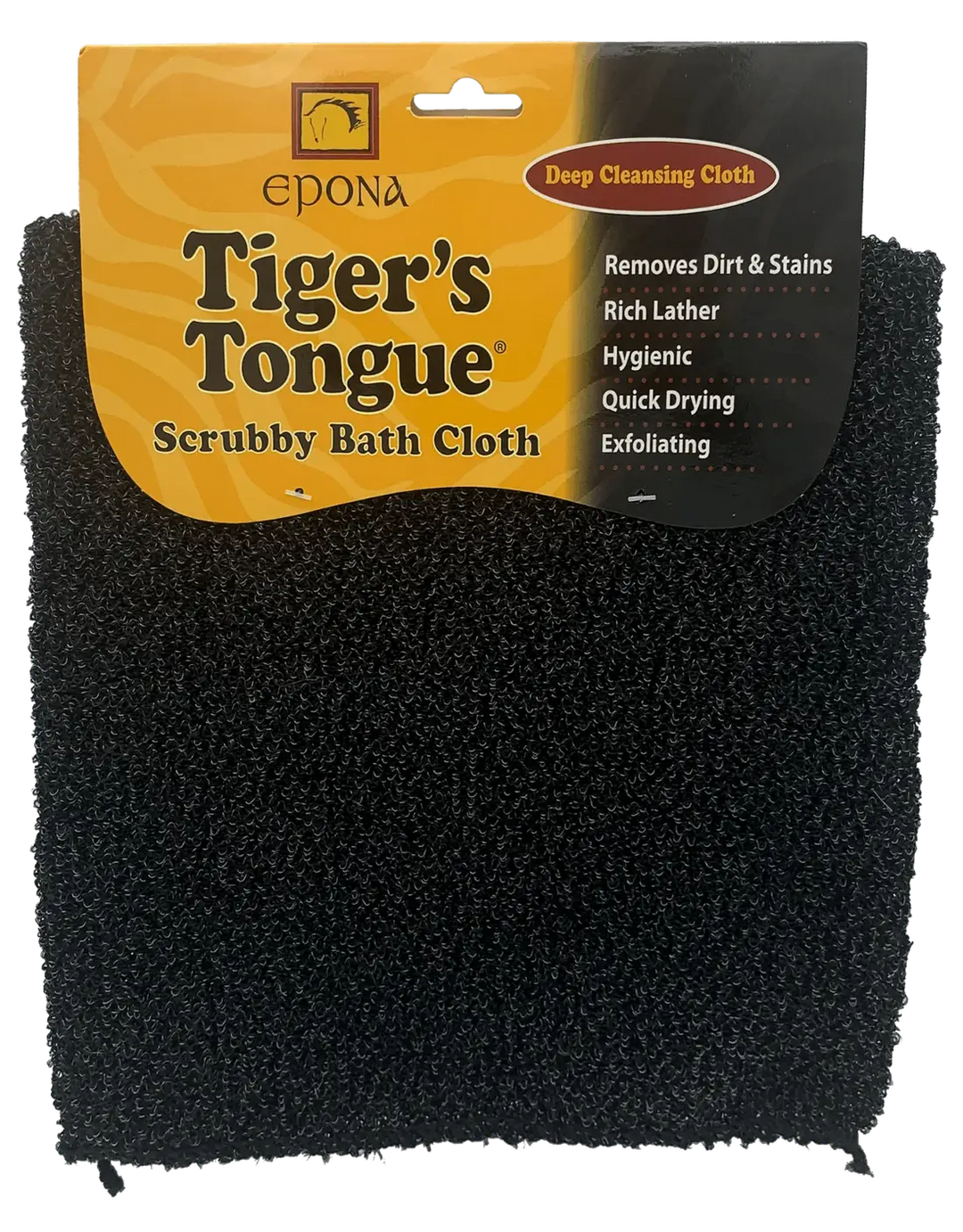 Tiger's Tongue Scrubby Bath Cloth with packaging, featuring deep cleansing properties for removing dirt and stains, ideal for horse grooming.