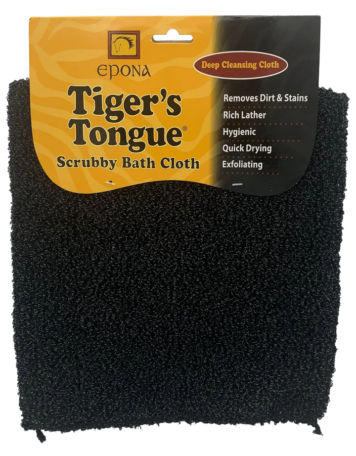 Tiger's Tongue Scrubby Bath Cloth with packaging, featuring deep cleansing properties for removing dirt and stains, ideal for horse grooming.