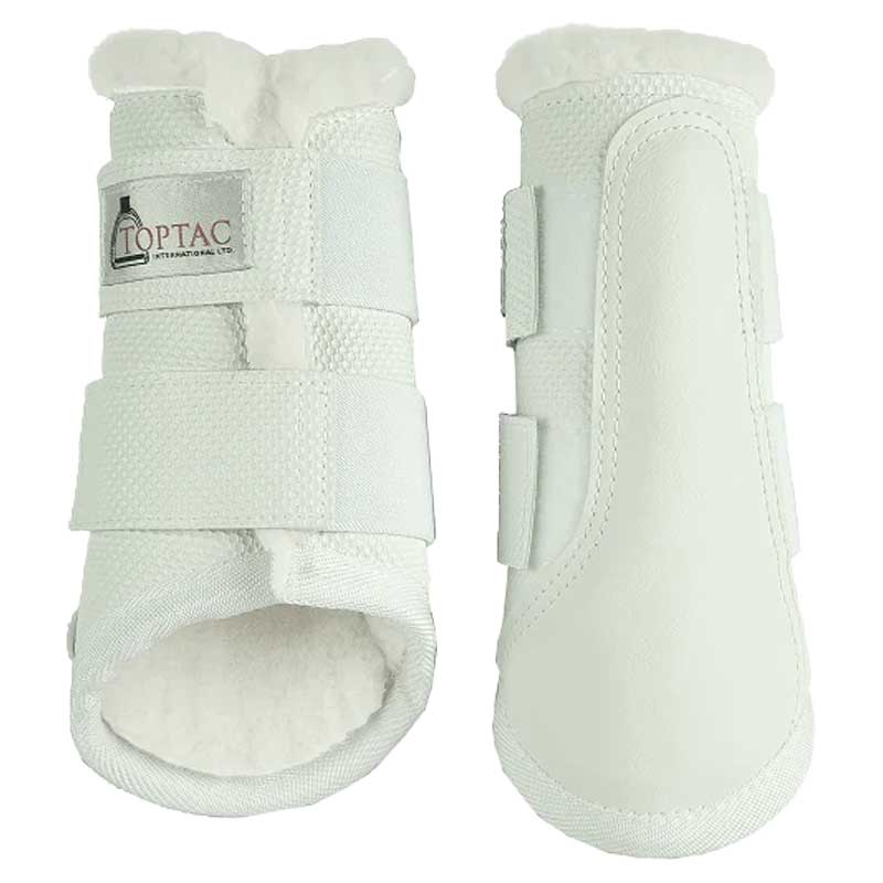 White Toptac Fleece Tendon Boots with soft fleece lining and durable straps for horse leg protection during riding or training.