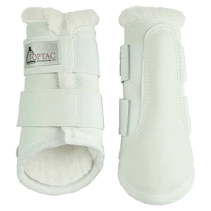 White Toptac Fleece Tendon Boots with soft fleece lining and durable straps for horse leg protection during riding or training.
