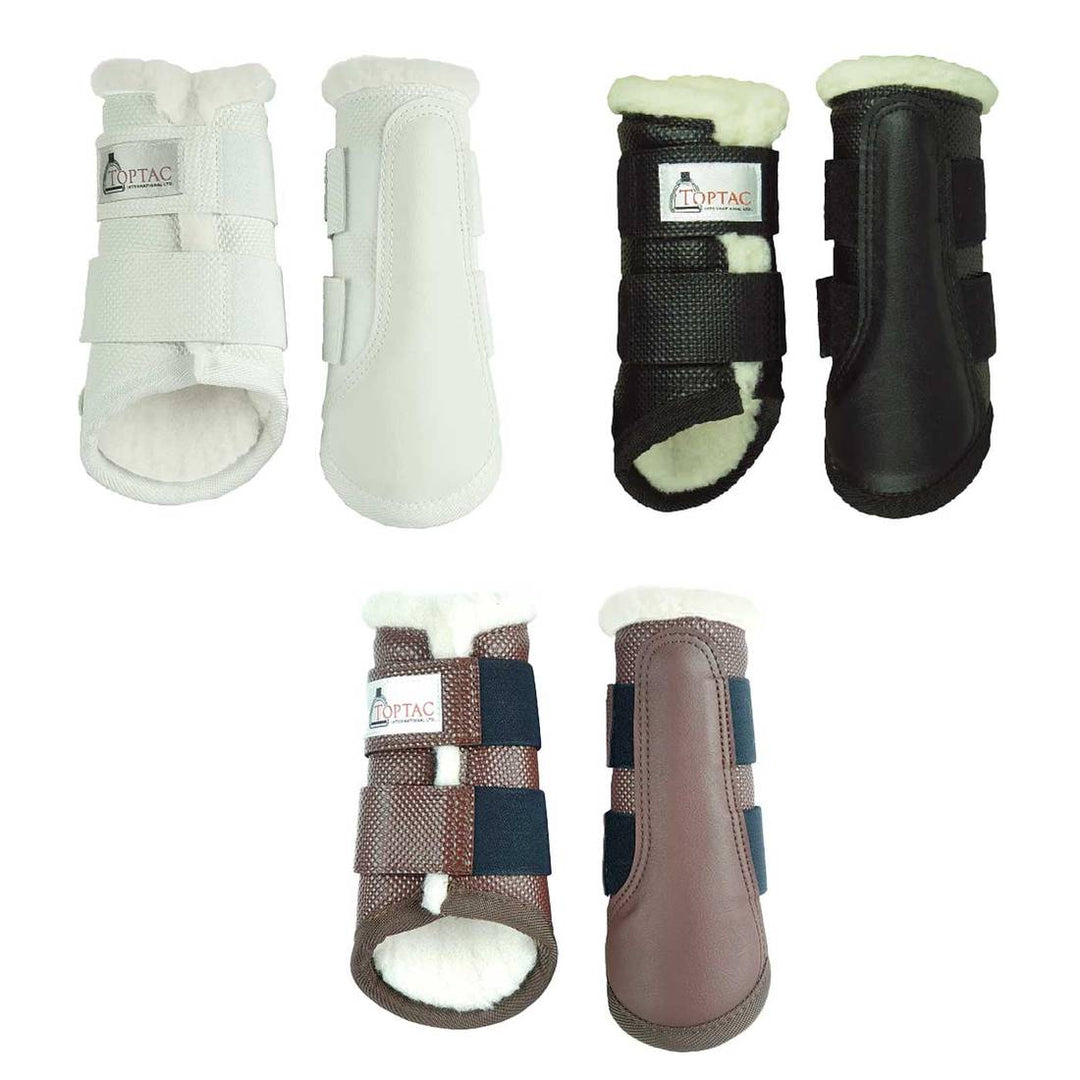 Toptac Fleece Tendon Boots in white, black, and brown color options, designed for equestrian use with fleece lining and secure straps.
