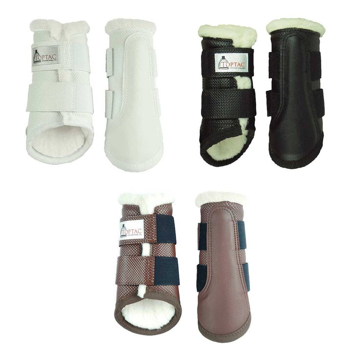 Toptac Fleece Tendon Boots in white, black, and brown color options, designed for equestrian use with fleece lining and secure straps.
