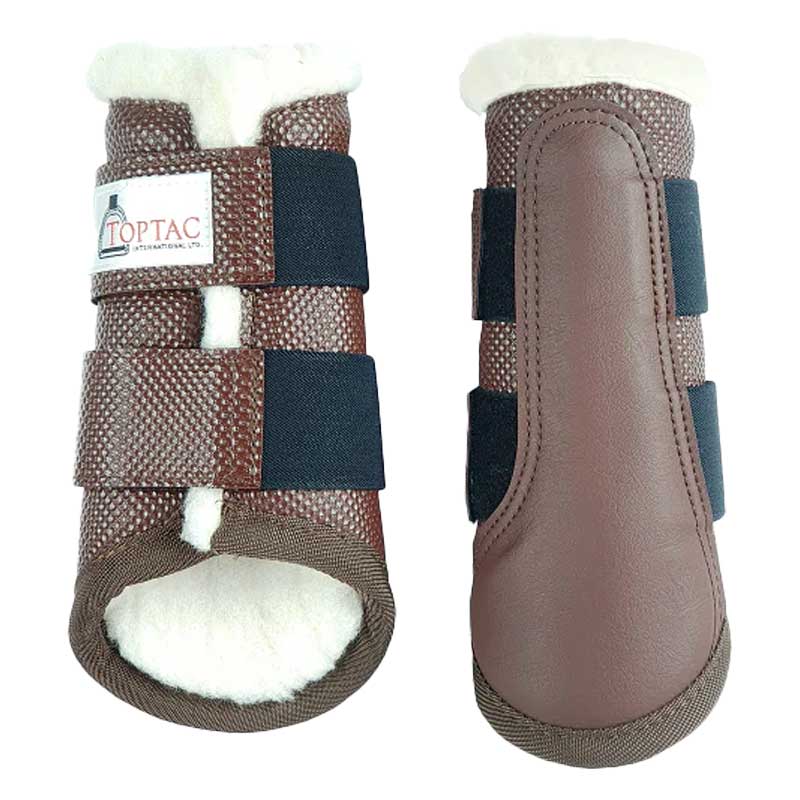 Brown Toptac Fleece Tendon Boots with fleece lining and sturdy straps, ideal for equestrian activities like dressage or jumping.