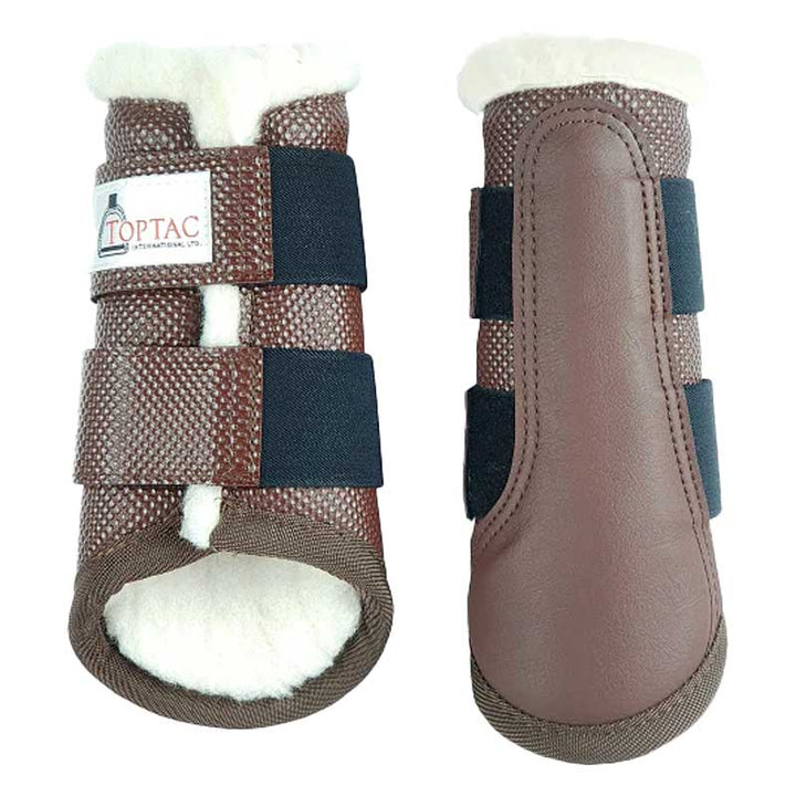 Brown Toptac Fleece Tendon Boots with fleece lining and sturdy straps, ideal for equestrian activities like dressage or jumping.