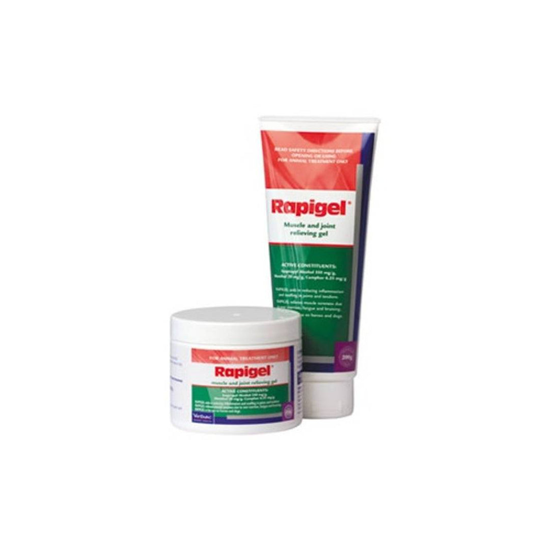 Virbac Rapigel muscle and joint relieving gel in a 200g tube and 250g jar, ideal for equestrian and pet care needs.
