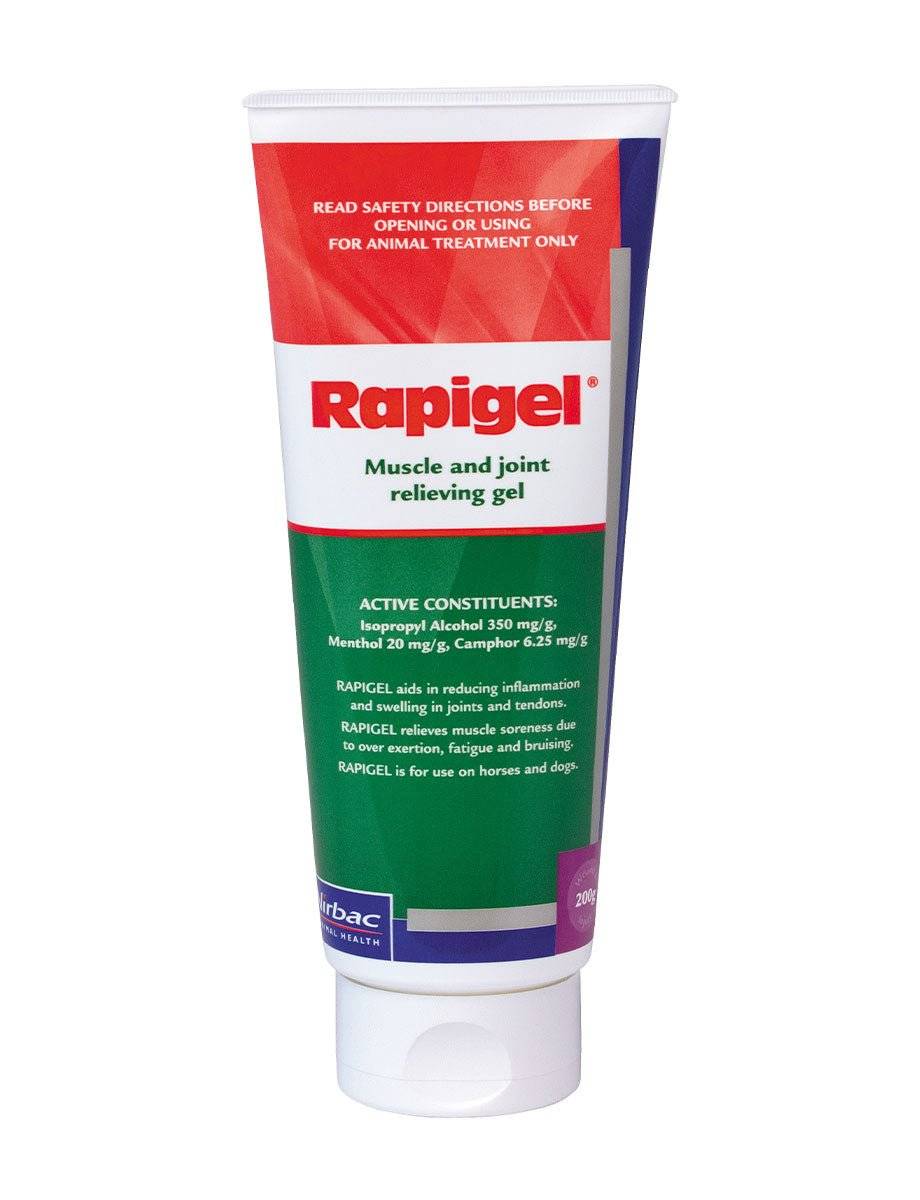 Virbac Rapigel 200g tube for muscle and joint relief, featuring active ingredients for effective pain and swelling management.