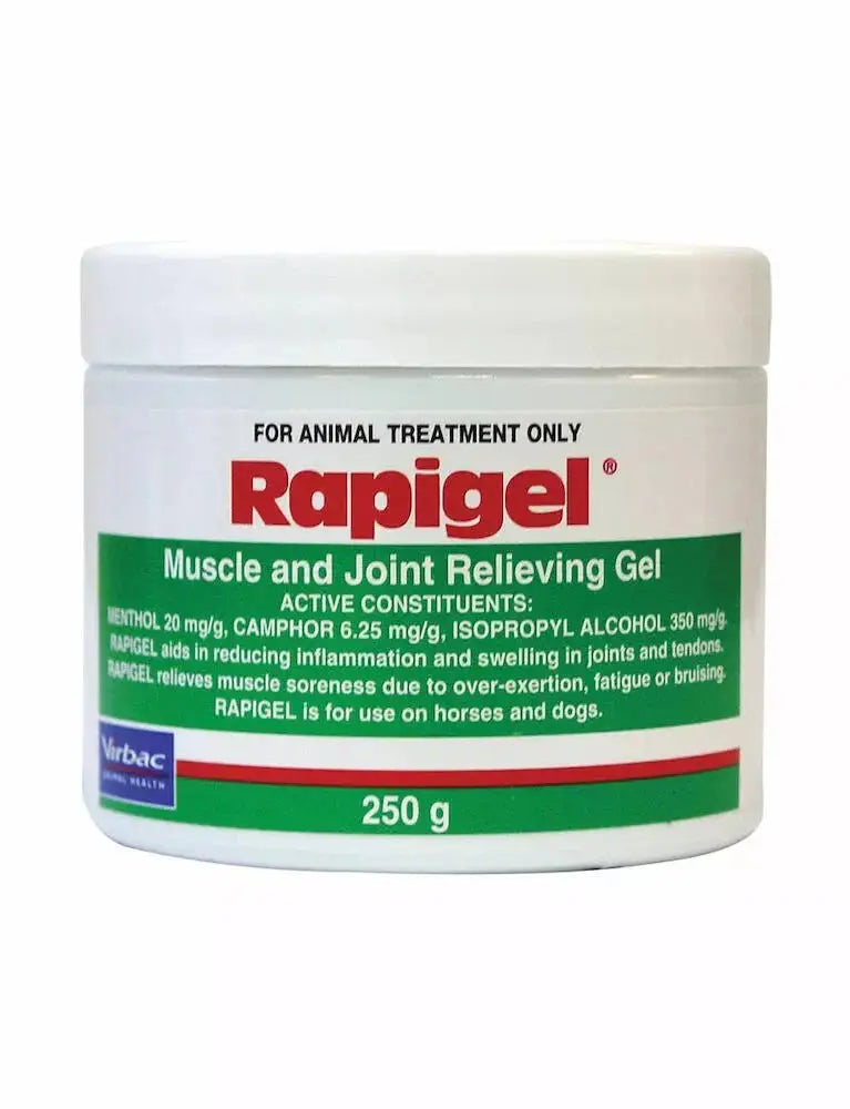 Virbac Rapigel 250g jar for muscle and joint care, designed for animal treatment to alleviate soreness and inflammation.